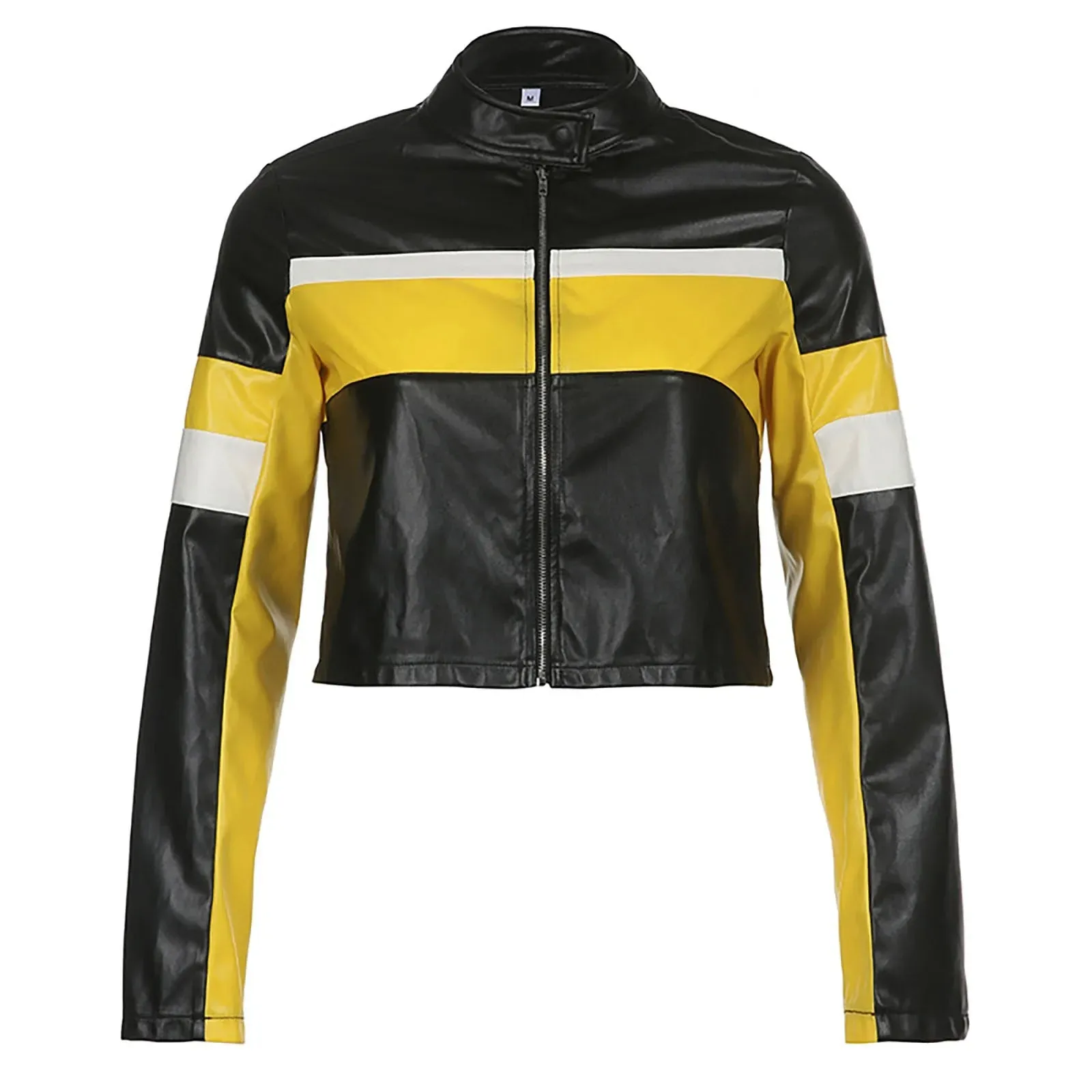 Sexy Bomber Leather Jacket Cropped Women's Contrast Color Pu Leather Jackets Ladies Long Sleeve Motorcycle Leather Jacket