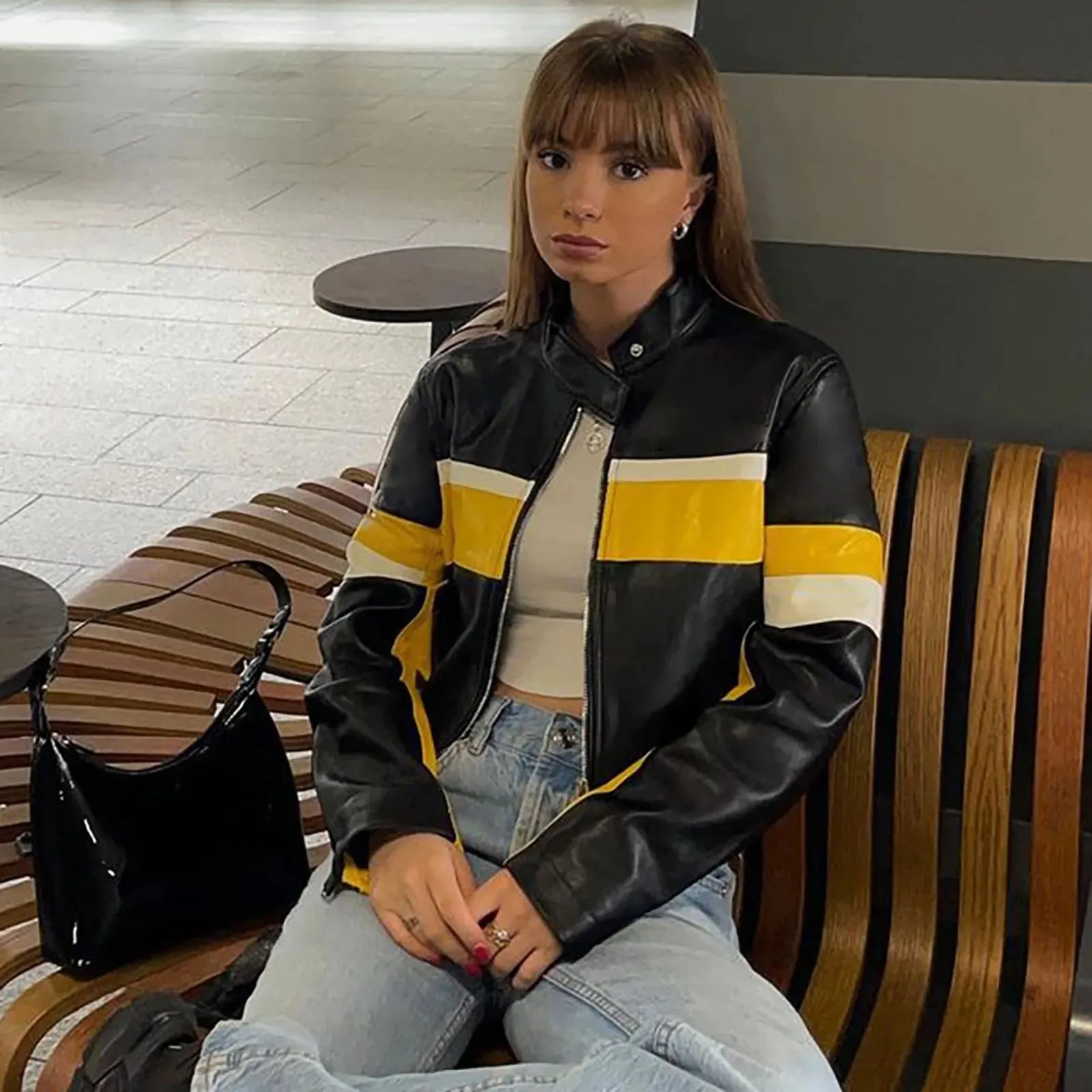 Sexy Bomber Leather Jacket Cropped Women's Contrast Color Pu Leather Jackets Ladies Long Sleeve Motorcycle Leather Jacket