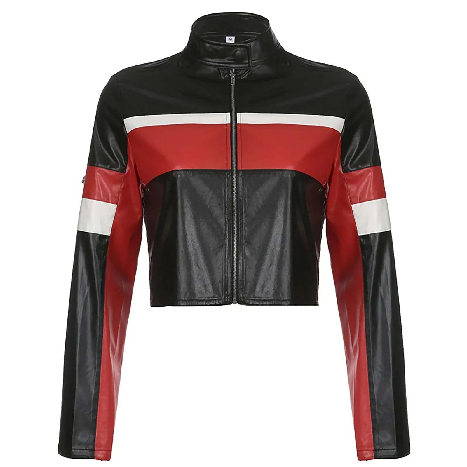 Sexy Bomber Leather Jacket Cropped Women's Contrast Color Pu Leather Jackets Ladies Long Sleeve Motorcycle Leather Jacket