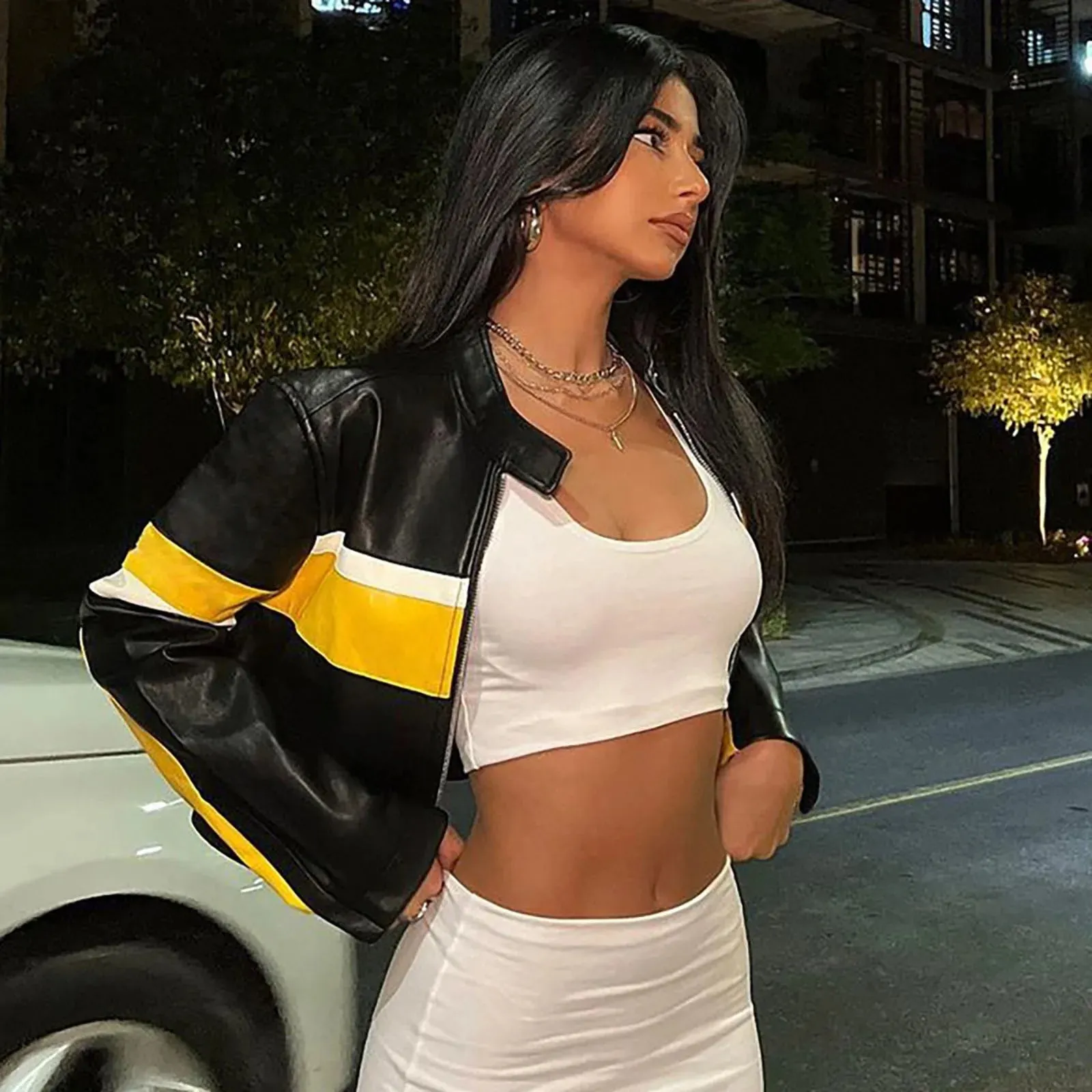 Sexy Bomber Leather Jacket Cropped Women's Contrast Color Pu Leather Jackets Ladies Long Sleeve Motorcycle Leather Jacket
