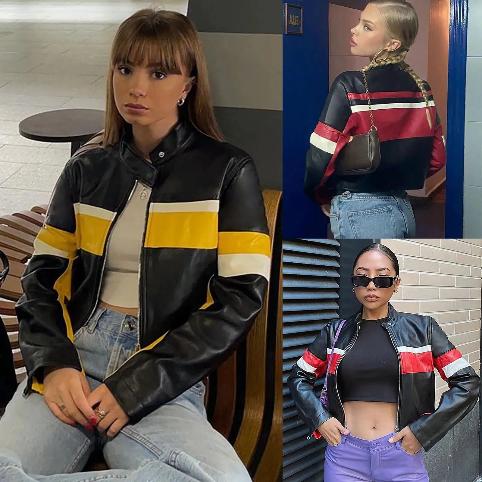 Sexy Bomber Leather Jacket Cropped Women's Contrast Color Pu Leather Jackets Ladies Long Sleeve Motorcycle Leather Jacket