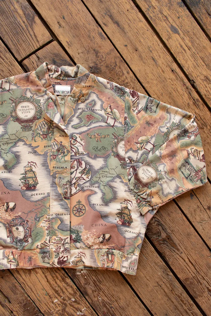 Vintage 1980s Old World Atlas Print Bomber Jacket - Medium