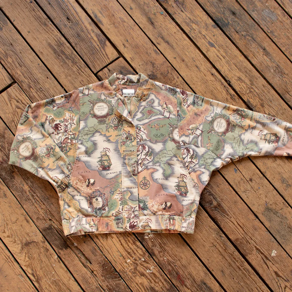 Vintage 1980s Old World Atlas Print Bomber Jacket - Medium