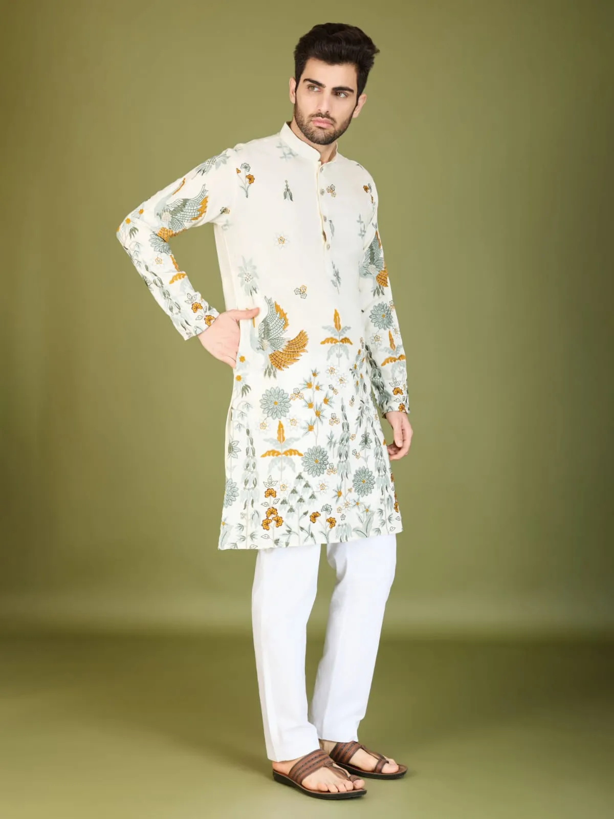 White Colour Soft Viscose Reyon Silk Heritage Style With Heavy Thread Work With Sequines Work Kurta Payjama