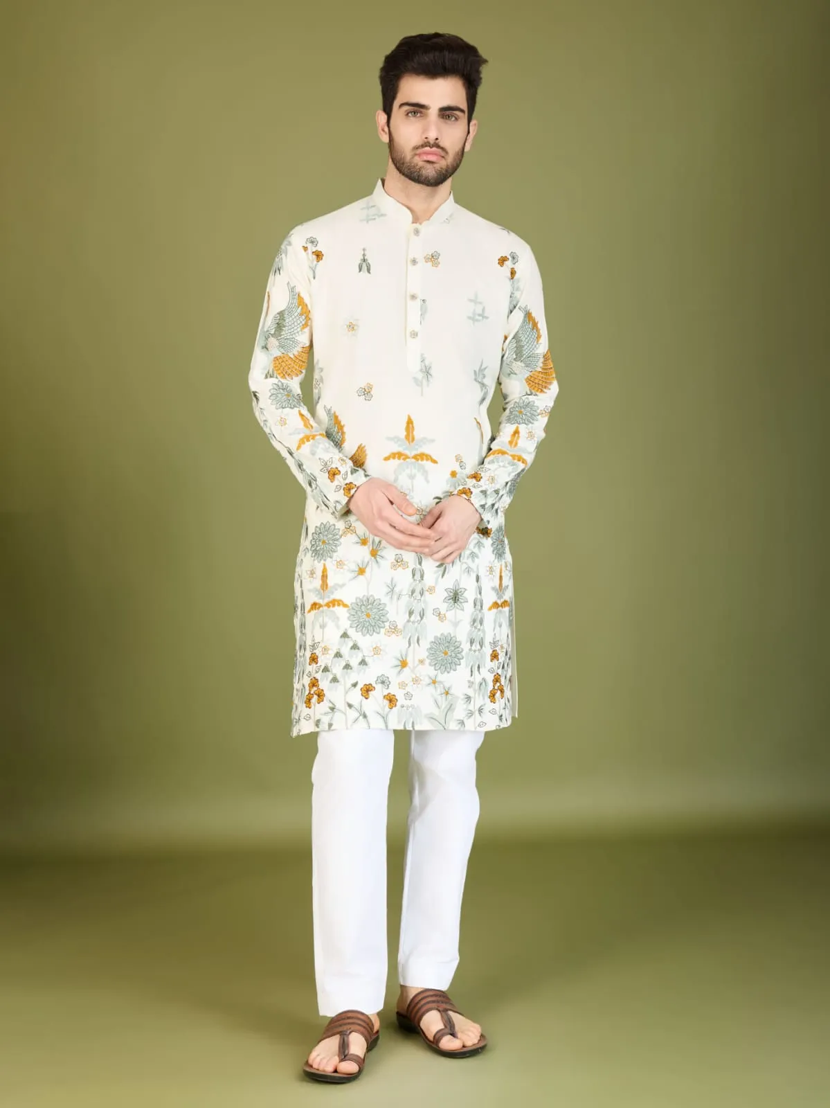 White Colour Soft Viscose Reyon Silk Heritage Style With Heavy Thread Work With Sequines Work Kurta Payjama