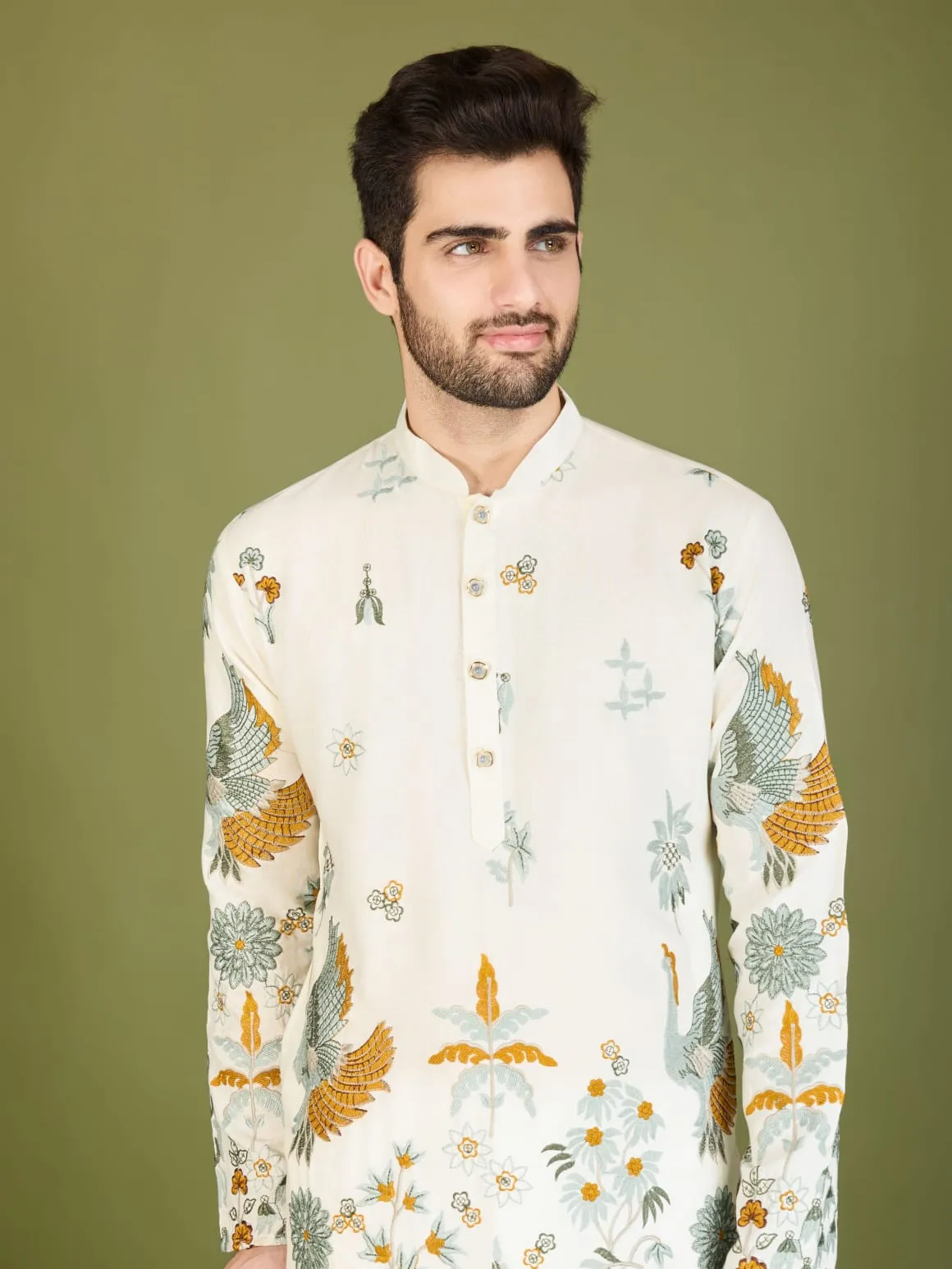 White Colour Soft Viscose Reyon Silk Heritage Style With Heavy Thread Work With Sequines Work Kurta Payjama