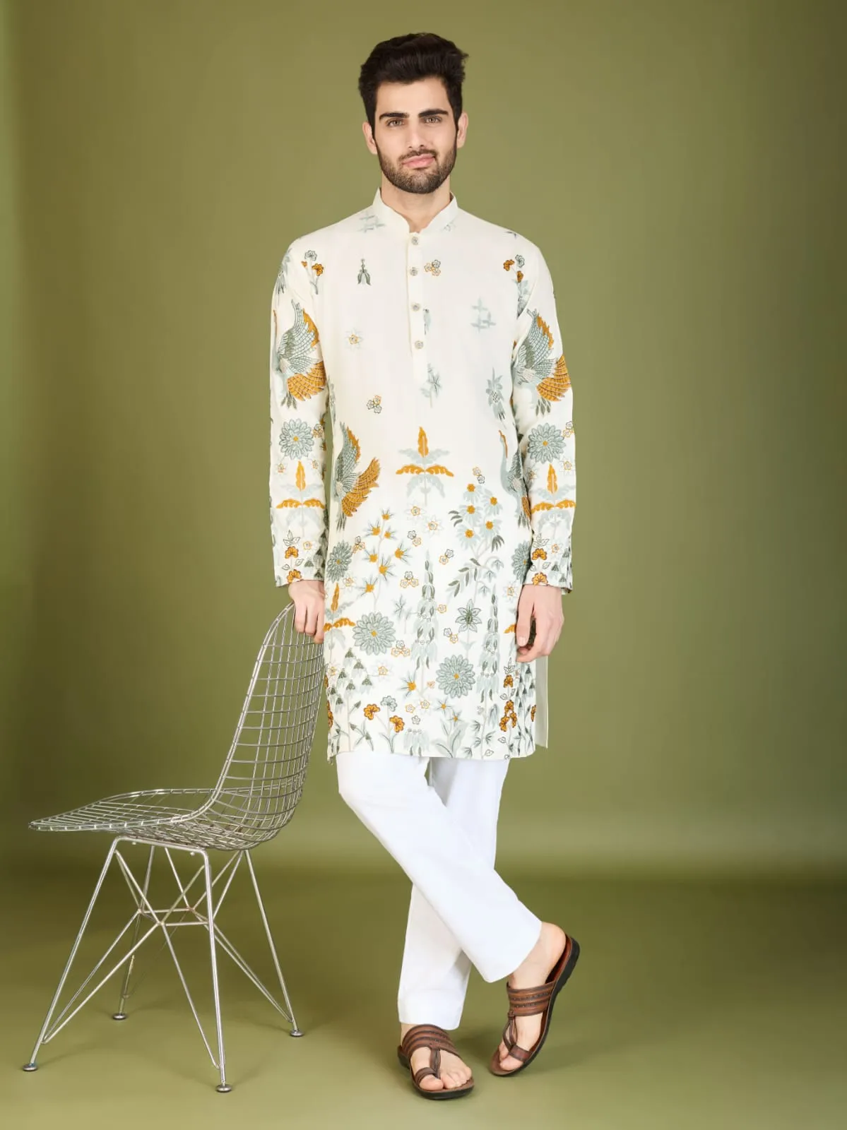 White Colour Soft Viscose Reyon Silk Heritage Style With Heavy Thread Work With Sequines Work Kurta Payjama