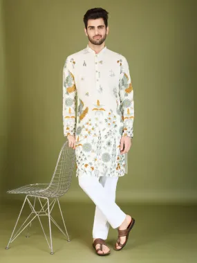 White Colour Soft Viscose Reyon Silk Heritage Style With Heavy Thread Work With Sequines Work Kurta Payjama