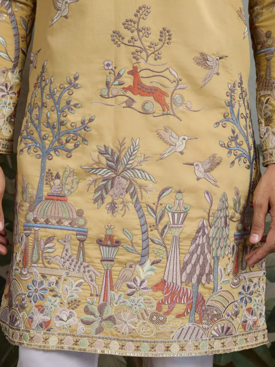 Yellow Viscose Silk Heavy Thread Work Kurta Pajama