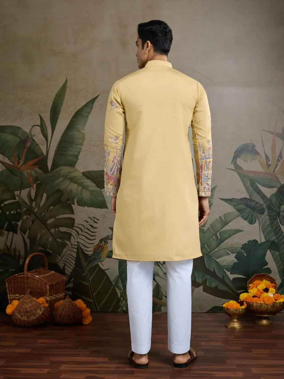 Yellow Viscose Silk Heavy Thread Work Kurta Pajama