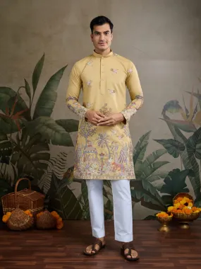 Yellow Viscose Silk Heavy Thread Work Kurta Pajama