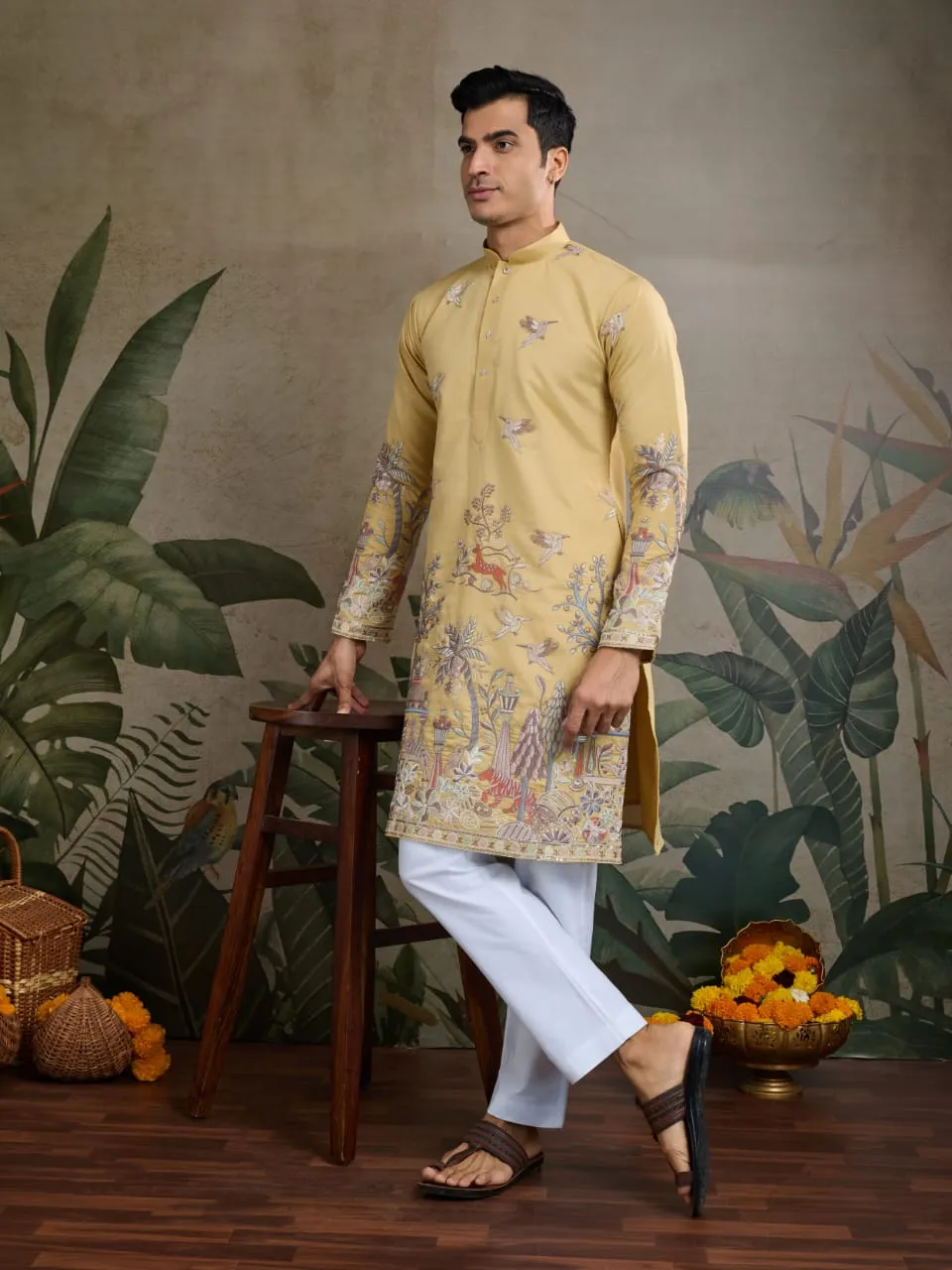 Yellow Viscose Silk Heavy Thread Work Kurta Pajama