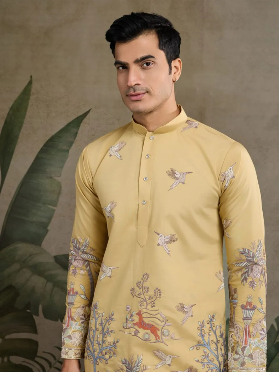 Yellow Viscose Silk Heavy Thread Work Kurta Pajama