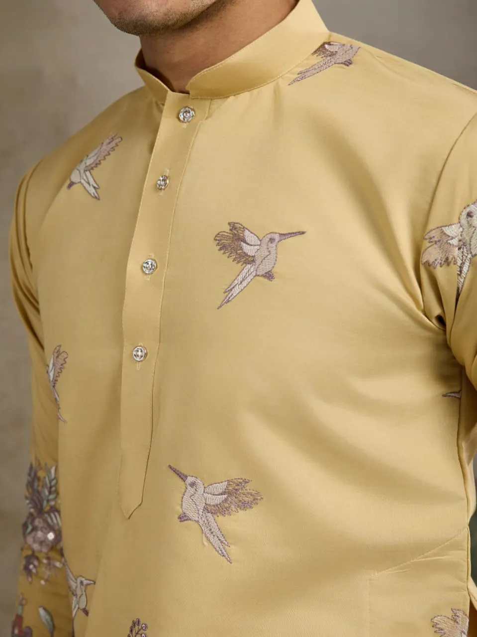 Yellow Viscose Silk Heavy Thread Work Kurta Pajama