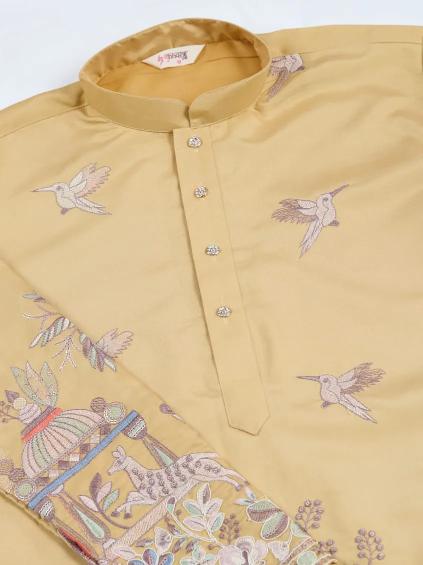 Yellow Viscose Silk Heavy Thread Work Kurta Pajama