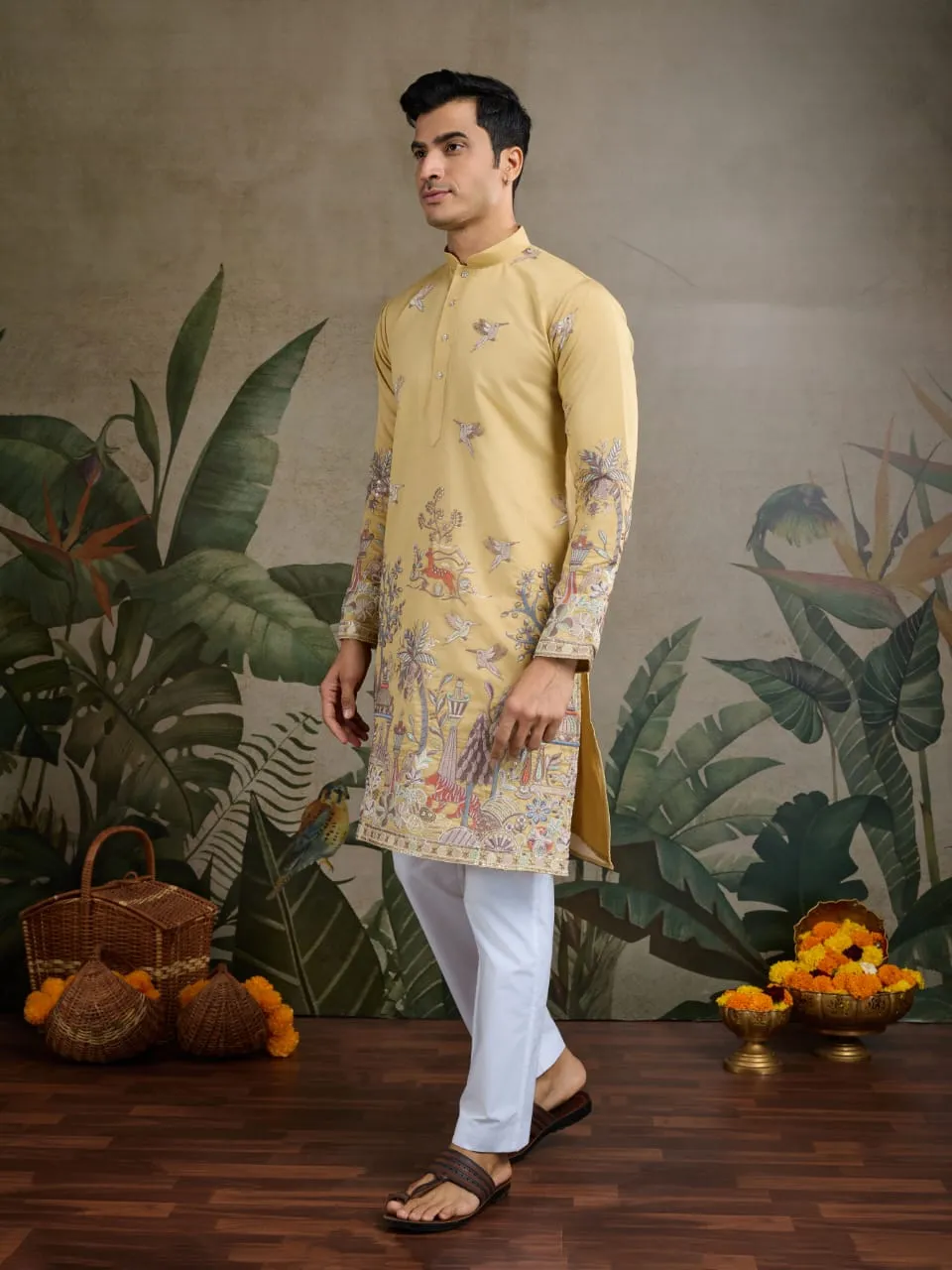 Yellow Viscose Silk Heavy Thread Work Kurta Pajama